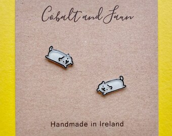 Cute White Cat Earrings Handmade Painted Shrink Plastic Shrinky Dink Studs