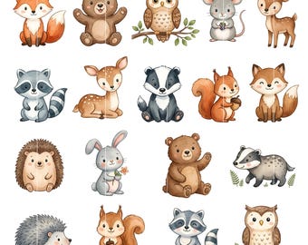 May include: A collection of watercolor illustrations of various woodland animals, including a fox, bear, owl, mouse, deer, raccoon, squirrel, hedgehog, rabbit, and badger. Each animal is depicted in a cute, cartoon style with soft colors and detailed features.