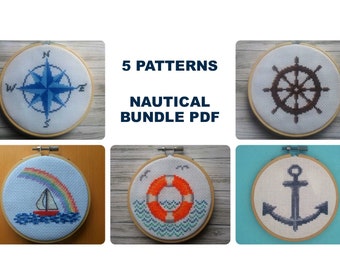 Nautical Cross Stitch Patterns PDF Instant Download, 5 Patterns - Beginners Counted Cross Stitch Charts - Compass, Ships Wheel, Boat, Anchor