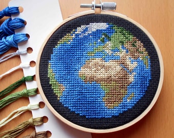 Planet Earth Cross Stitch Kit - Counted Cross-Stitch, Europe / Africa View Globe Needlepoint - World Map Decor DIY Kits