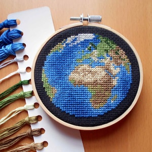 Planet Earth Cross Stitch Kit - Counted Cross-Stitch, Europe / Africa View Globe Needlepoint - World Map Decor DIY Kits