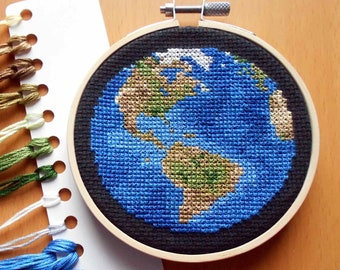 Planet Earth Cross Stitch Kit - Beginners Counted Cross Stitch - Americas View Globe, World Map Needlepoint