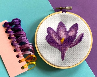 Purple Crocus Cross Stitch Kit With Hoop - Counted Cross Stitch Kit for Beginners, Spring Flower DIY Craft Kit