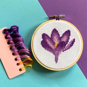 Purple Crocus Cross Stitch Kit With Hoop - Counted Cross Stitch Kit for Beginners, Spring Flower DIY Craft Kit