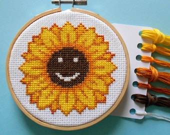 Happy Sunflower Cross Stitch Kit With Hoop - Counted Cross Stitch Kit for Beginners, Cheerful Summery Needlepoint Kit