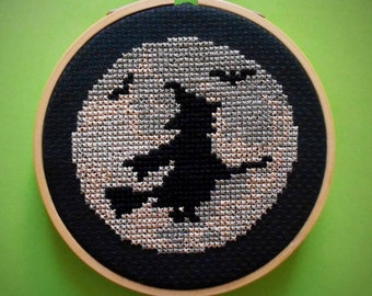 Witch, Moon Silhouette Cross Stitch Kit - Halloween DIY Crafts, Spooky Decor