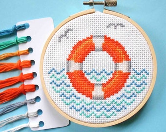Nautical Cross Stitch Kit - Lifebuoy Counted Cross Stitch Kit for Beginners - Nautical Embroidery Decor - DIY Kits