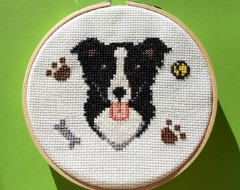 Border Collie Cross Stitch Kit With Hoop - Cute Counted Cross Stitch Kit for Beginners, Pet Dog Needlepoint Kit