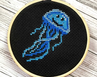 Blue Jellyfish Cross Stitch Kit for Beginners - Sealife DIY Kit - Easy Needlepoint