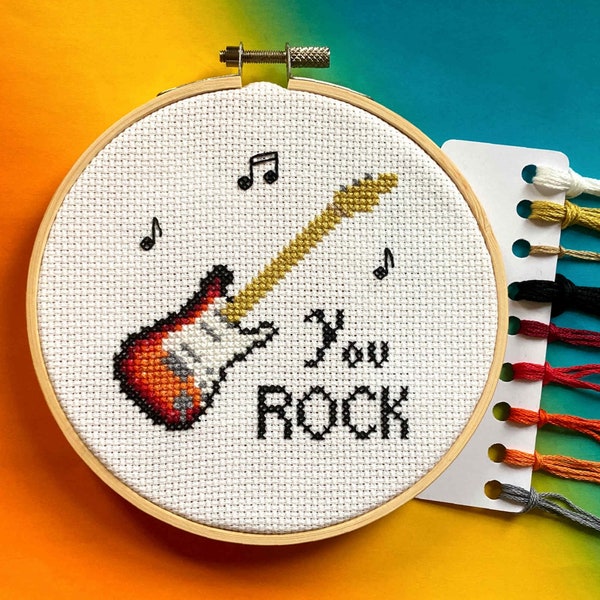 You Rock Cross Stitch Kit - Guitar Counted Cross Stitch Kit - Fathers Day DIY Gift Kit, Music Lover Gift