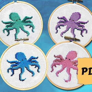 Octopus Cross Stitch Pattern PDF - 4 Colours / Variations Instant Download - Sea Life Counted Cross Stitch Charts