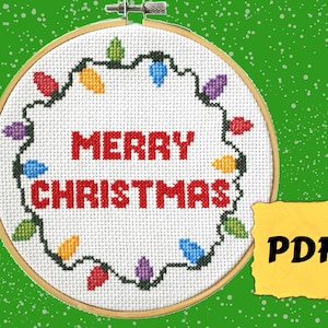 PDF-download vrolijk kerstfeest kruissteekpatroon - kleurrijke kerstverlichting direct downloaden - telpatronen voor beginners