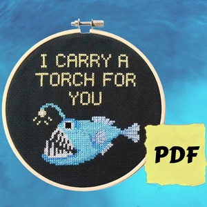 Anglerfish Cross Stitch Pattern PDF Instant Download - Funny Modern Cross Stitch Chart - Sea Life, Fish