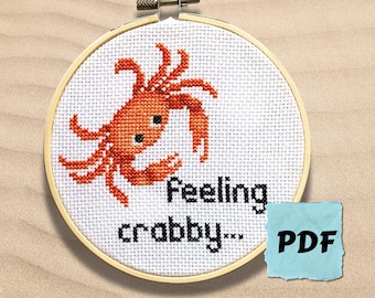 Crab Cross Stitch Pattern PDF Instant Download - 'Feeling Crabby' Pun Beginners Counted Cross Stitch Chart, Funny Sea Life Pattern