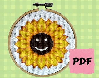 Happy Sunflower Cross Stitch Pattern PDF Instant Download - Beginners Cross Stitch - Smiley Counted Cross Stitch Chart - Digital File