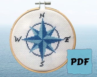 Compass Cross Stitch Pattern PDF Instant Download - Beginners Counted Cross Stitch Chart - Nautical Patterns