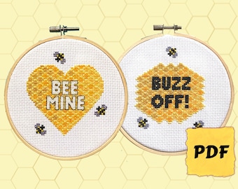 Bee Mine / Buzz Off Cross Stitch Pattern PDF Instant Download - Honeycomb Bees Counted Cross Stitch Chart