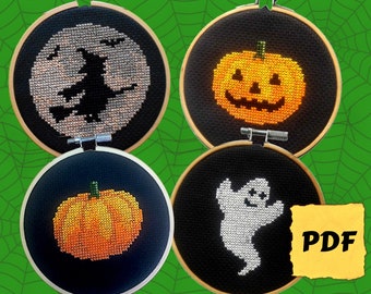 Halloween Cross Stitch Patterns PDF Download - 4 Pattern Bundle Instant Download - Counted Cross Stitch - Pumpkin, Ghost, Witch Patterns