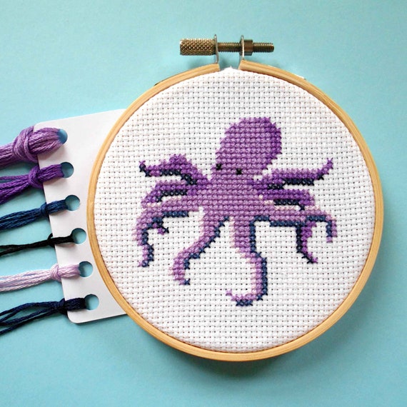 Octopus Cross Stitch Kit With Hoop Counted Cross Stitch Kit for Beginners  Sea Life Needlepoint Kit Purple Octopus Embroidery Kit 