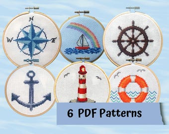 Nautische kruissteekpatronen PDF direct downloaden, 6 patronen - telpatronen voor beginners - kompas, scheepswiel, boot, anker