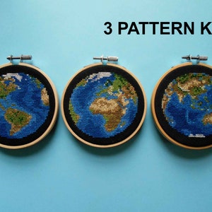 Borduurpakket Planet Earth, 3 aanzichten - inclusief drie patronen, getelde kruissteek, wereldbolnaaldpunt - DIY kits decor wereldkaart