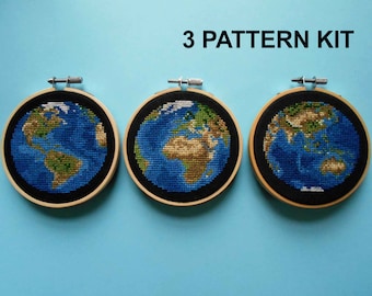 Planet Earth Cross Stitch Kit, 3 Views - Three Patterns Included, Counted Cross-Stitch, Globe Needlepoint - World Map Decor DIY Kits