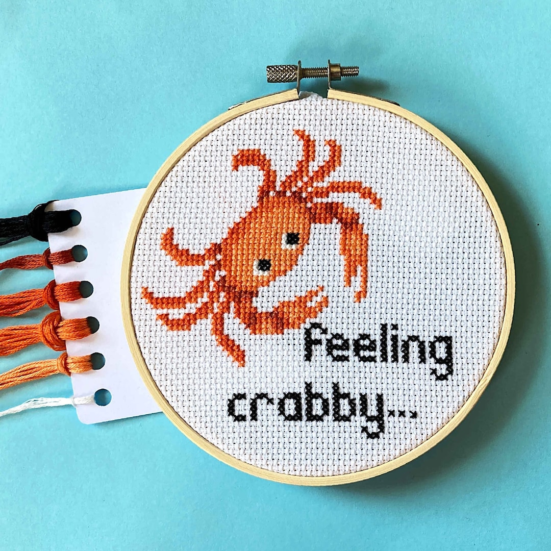 Crab Cross Stitch Kit for Beginners Feeling Crabby 5 Inch Hoop Kit Sea Life Needlepoint Kit