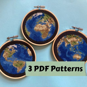 Patrones de punto de cruz Planeta Tierra 3 Vistas Descarga instantánea en PDF - Mapas de globo de América, Europa/África, Asia/Australia, 3 patrones de mapa del mundo