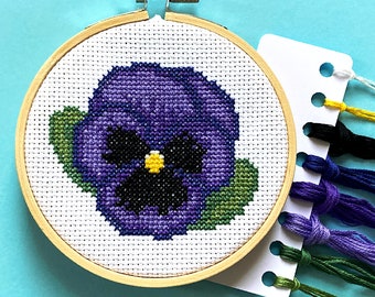 Pansy Cross Stitch Kit With Hoop - Counted Cross Stitch Kit for Beginners, Viola Spring Flower DIY Craft Kit