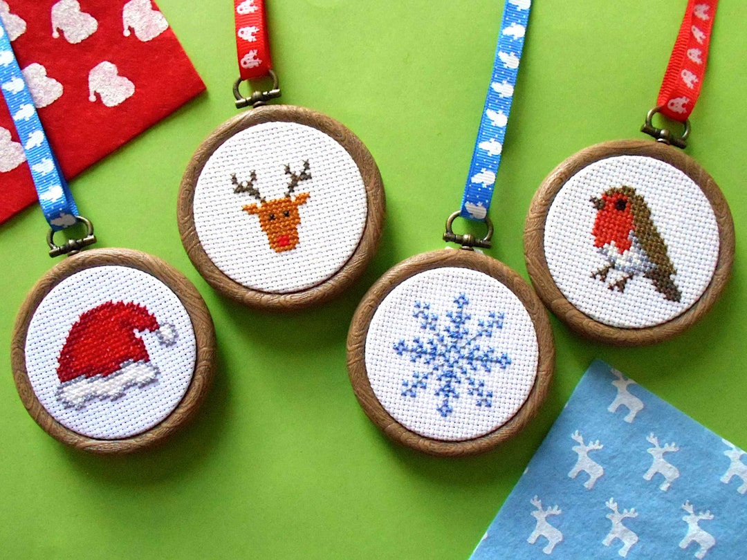 Christmas Cross Stitch Kit 4 Pattern Set Santa Hat, Reindeer, Snowflake