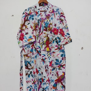 Floral Bird Print Cotton Kimono Robe - Handmade Boho Loungewear