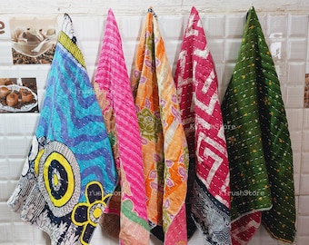 Paños de cocina vintage Kantha: 5 piezas de algodón hechos a mano, reversibles, indios, cosidos a mano.