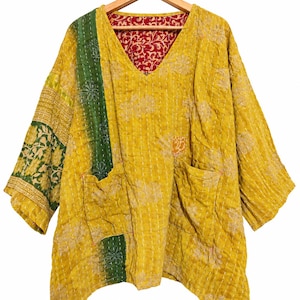 Blusa vintage Kantha, mostarda, amarelo e verde, túnica reversível de algodão, costurada à mão, estilo boho oversized.
