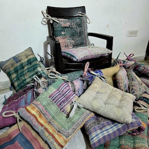 Chair Pad - Wholesale Mix Assorted Vintage Kantha Fine Stitched Quilted Chair Pad Cushion | Boho Home Decor Seating Pad with Ties 15x15 Inch