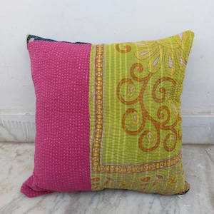 Vintage Kantha Throw Yellow pink Pillow Cover: Bohemian Indian Cushion (16x16 in)