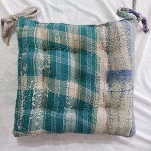 Chair Pad - Vintage Kantha Handmade Fine Stitched Quilted Chair Cushion, Square Chair Cushion, Pads For Chairs, Chair Cushion With Ties 1 Pc