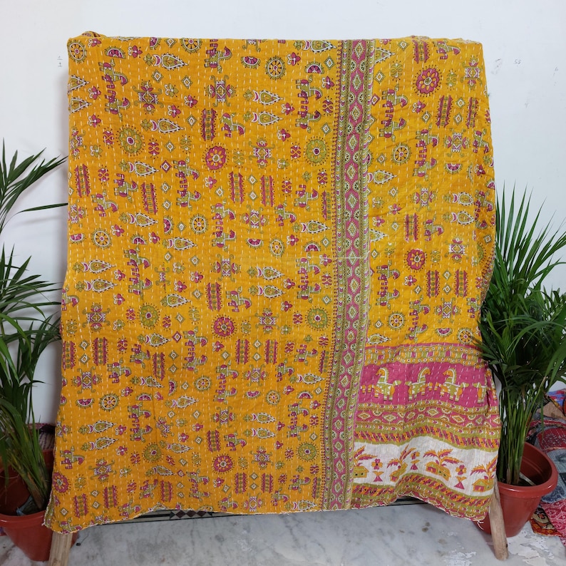 Yellow Card Small Vintage Kantha Quilt Yellow Handmade Indian Cotton Bedspread Throw ...