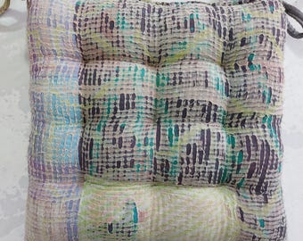 Cojín de silla Kantha vintage hecho a mano: cojín de algodón patchwork, decoración bohemia