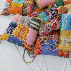 Set of 2 Vintage Kantha Chair Pads: Handmade Cotton Seat Cushions