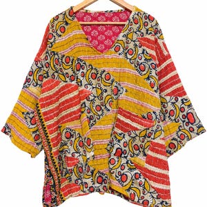 Vintage Kantha top in mosterd-roestkleurige patchwork, omkeerbare katoenen tuniek, handgestikt, boho oversized shirt