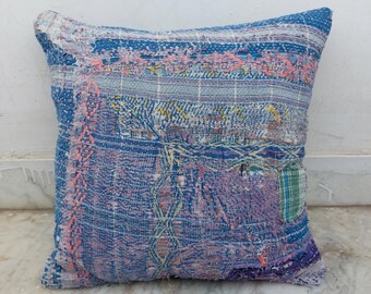 Vintage Kantha Cushion Cover Handmade Indian  Cotton Boho Throw Pillow Cover (16x16 in)
