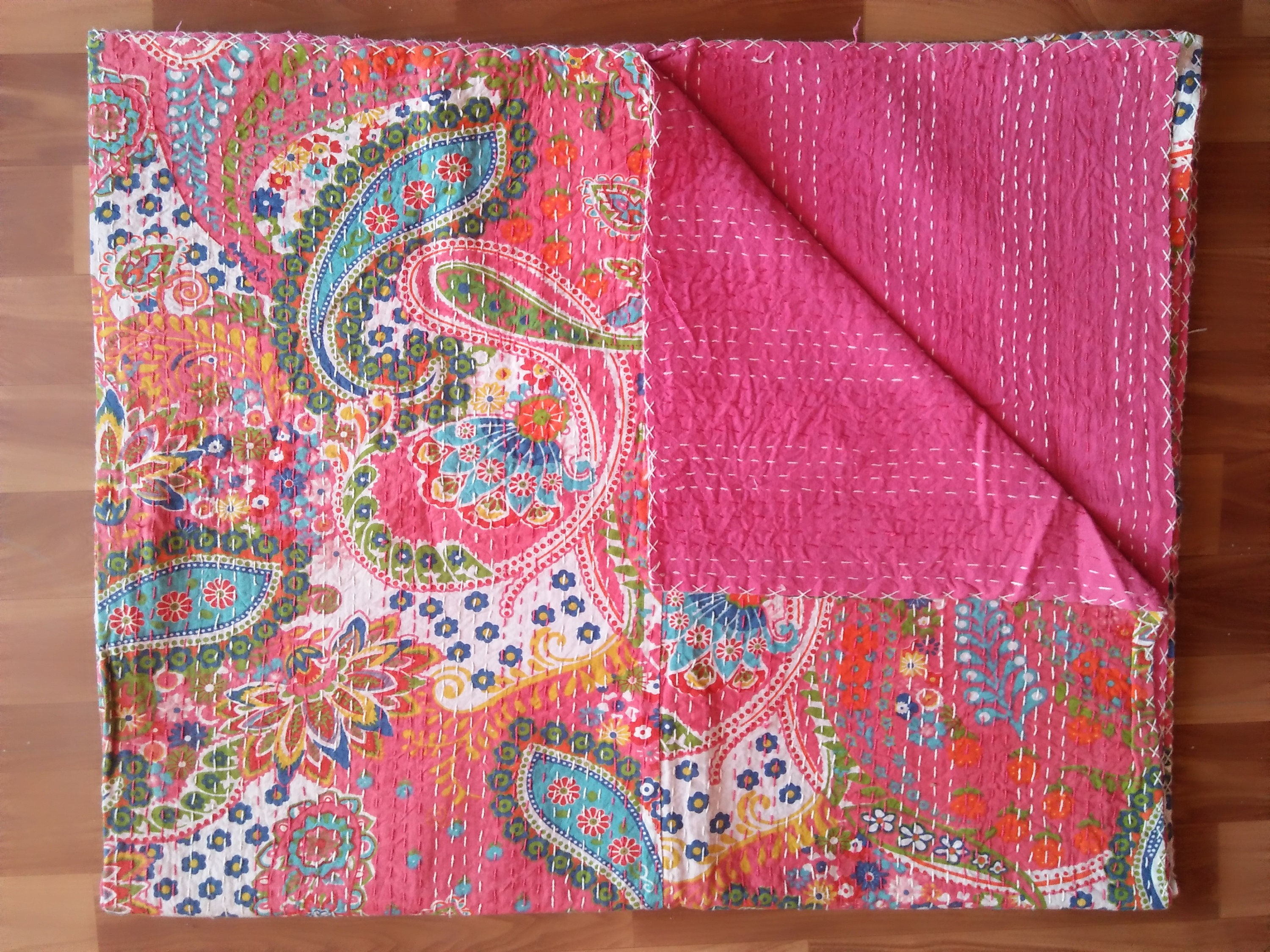 Indian Handmade Turquoise Paisley Design Kantha Quilt Cotton Kantha Blanket Hand Stitched Kantha Bedspread Bohemian Kantha Beach Throw