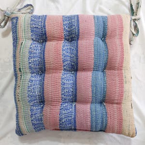 Vintage Kantha Quilted Chair Pad: Handmade Cotton Cushion with Ties