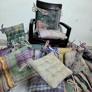 Chair Pad - Wholesale Mix Assorted 2 Pcs Vintage Kantha Fine Stitched Quilted Chair Pad Handmade Boho Decor Seating Pad with Ties 15x15 Inch