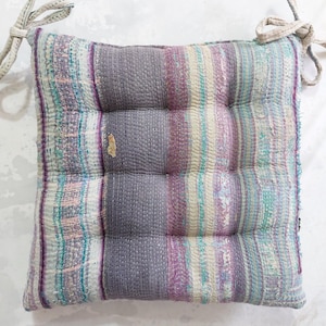 Vintage Kantha Chair Pad Cushion – Hand-Stitched Multicolor Patchwork Seat Pad with Ties, Boho Home Decor, 1 Pieces , 15x15 Inches