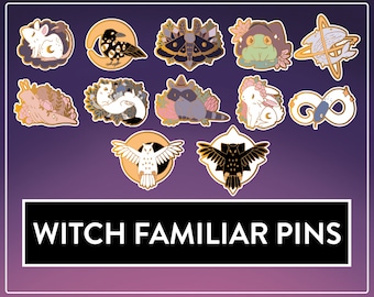 May include: A collection of twelve enamel pins featuring various animals including a mouse, crow, moth, frog, whale, slug, ferret, raccoon, rabbit, snake, and two owls. The text WITCH FAMILIAR PINS is displayed in a white rectangular box at the bottom.