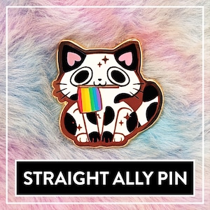 Könnte beinhalten: Ein goldfarbener Emaille-Pin mit einer Cartoon-Katze, die eine Regenbogenflagge hält. Die Katze hat schwarze und braune Flecken, rosa Ohren und große Augen. Der Pin hat den Text "STRAIGHT ALLY PIN" in einem schwarzen Rechteck.