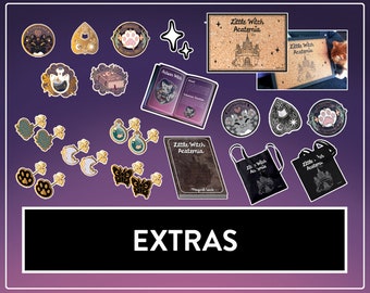 May include: A collection of Little Witch Academia themed items including enamel pins with cat and potion motifs, stud earrings shaped like paws, moons, and butterflies, a small book, a cork board, and black tote bags with white printed castle graphics.
