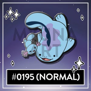 Könnte beinhalten: Hellblaue Cartoon-Anstecknadel mit einer großen, lächelnden Kreatur und einer kleineren Version davon. Die Anstecknadel hat schwarze Umrisse und einen schwarz-weißen Rand. Der Text "#0195 (NORMAL)" befindet sich in einer weißen Box.