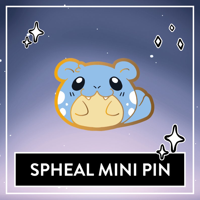 May include: A blue and white Spheal mini pin with a gold outline. The pin is against a purple and blue starry background. The text "SPHEAL MINI PIN" is below the pin.